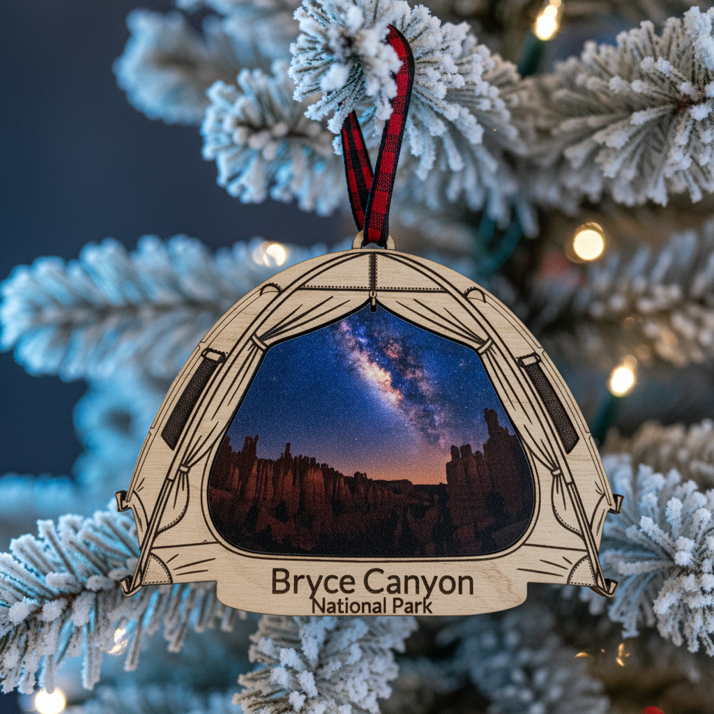 A laser-cut wooden Christmas ornament shaped like an open tent, featuring a printed view of Bryce Canyon National Park under a starry night sky. The ornament hangs from a red ribbon on a flocked Christmas tree branch with warm bokeh lights.