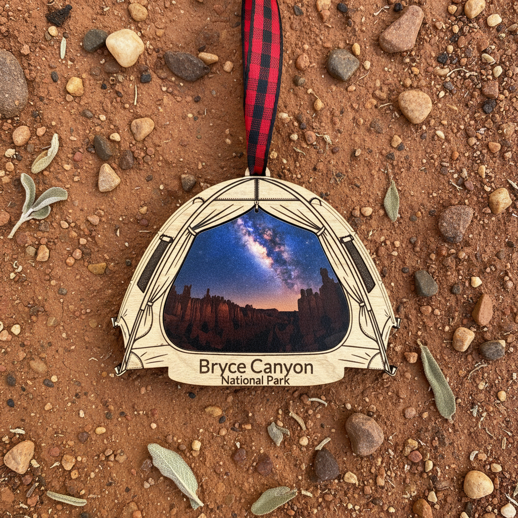 A Bryce Canyon National Park wooden ornament shaped like a tent, hanging from a red and black plaid ribbon on a dirt ground with small rocks and leaves.