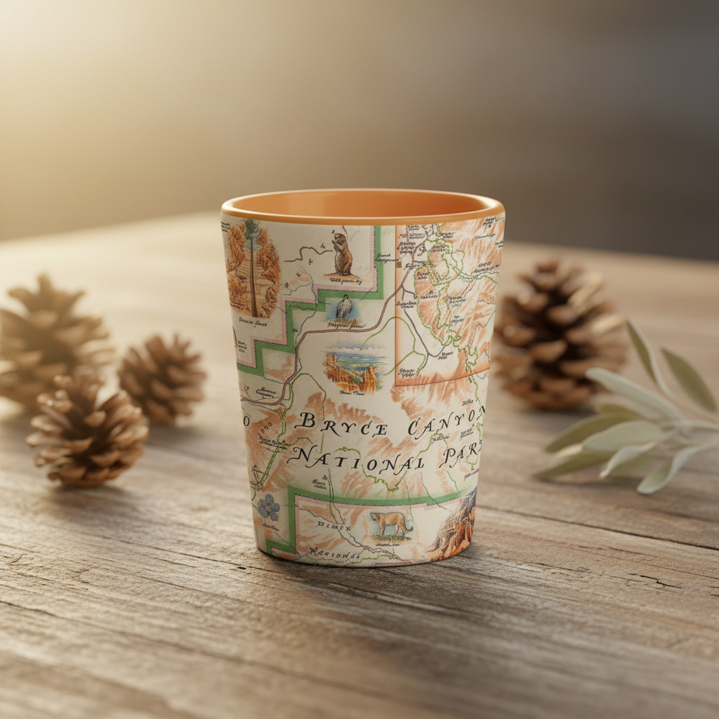 Shot glass with a hand drawn map design of Bryce Canyon national parks, sitting on a reclaimed wood surface with natural elements in the background