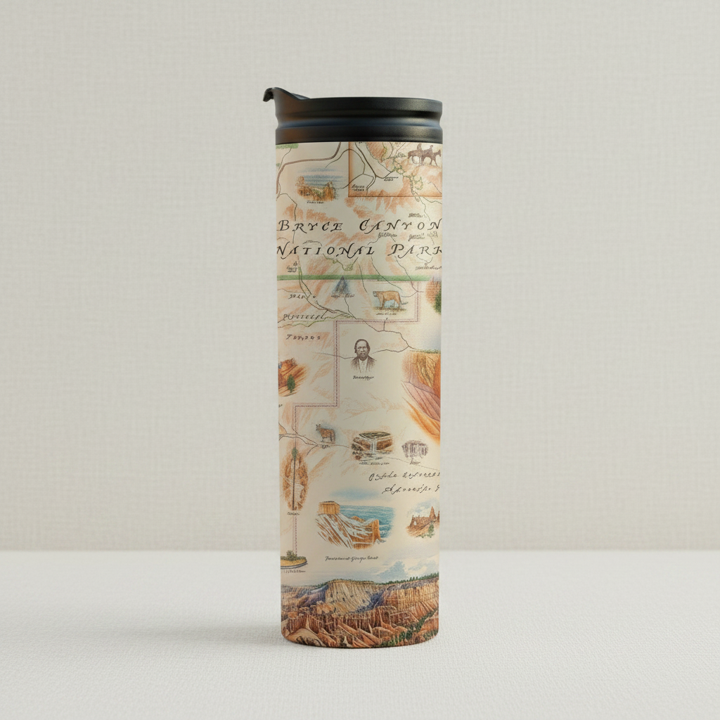 A tall insulated travel tumbler with a black lid, featuring a vintage-style map print of Bryce Canyon National Park with illustrations of geysers, canyons, and landscapes.
