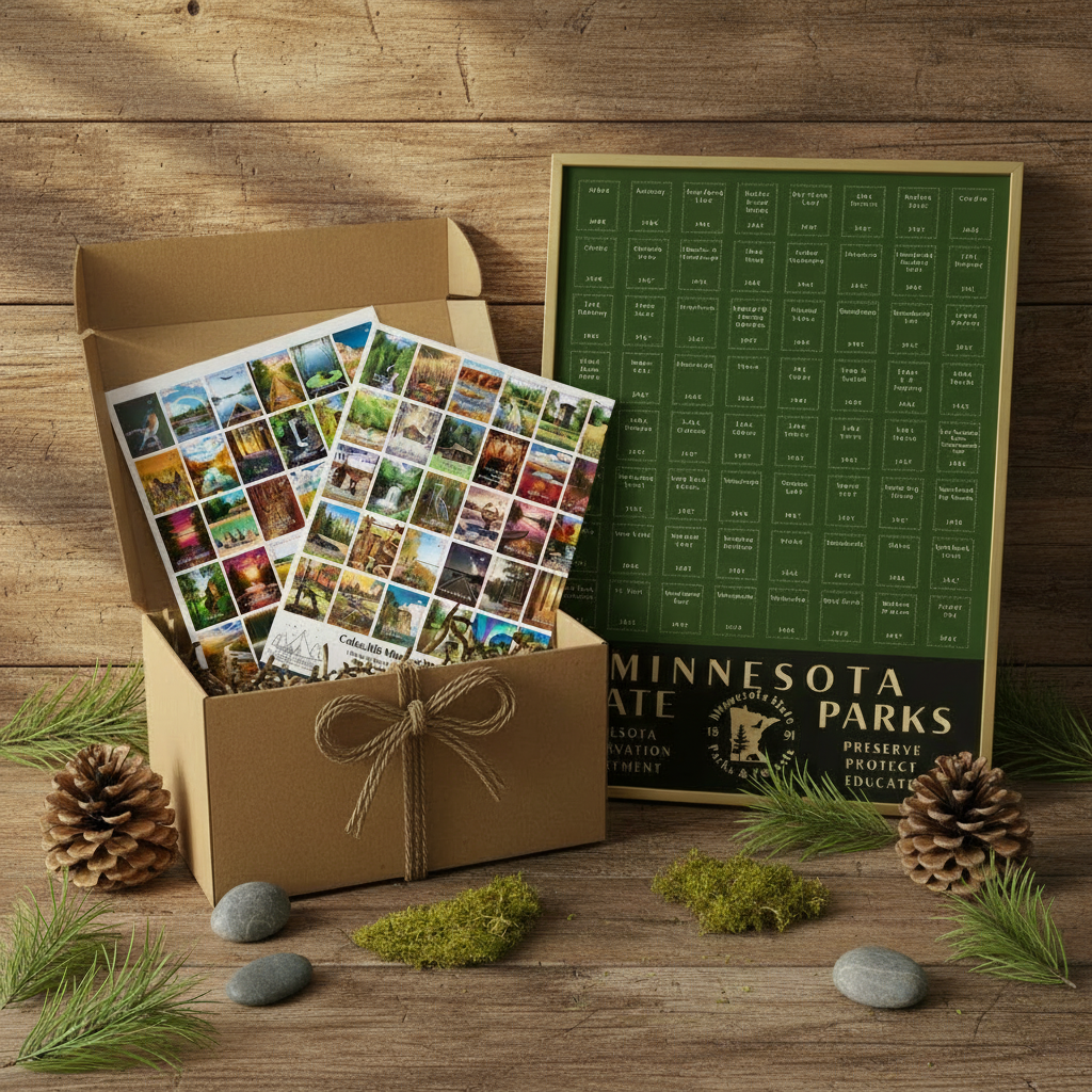 A Minnesota Parks Conservation Commission gift set displayed on a rustic wooden table. The set includes a complete 64 sticker set featuring colorful landscape scenes of each park, and a large green and black Minnesota Parks poster.