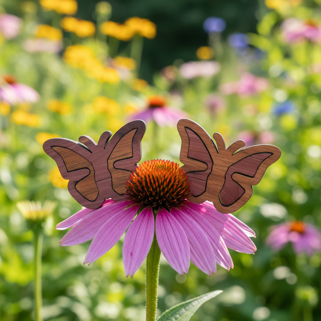 Butterfly-shaped wooden magnets on a pink flower with a blurred garden background