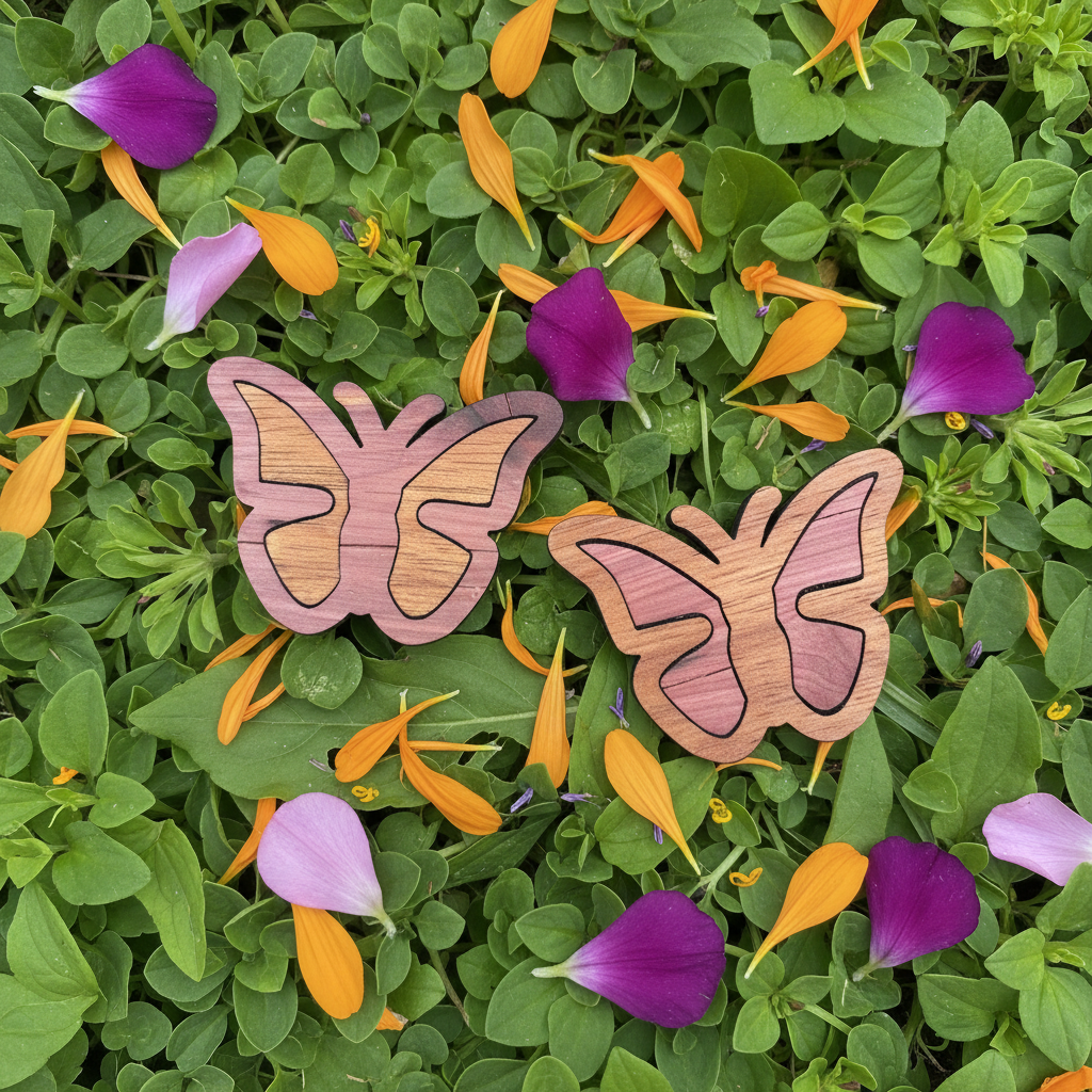 Wooden butterfly magnets on a bed of green leaves and small flowers