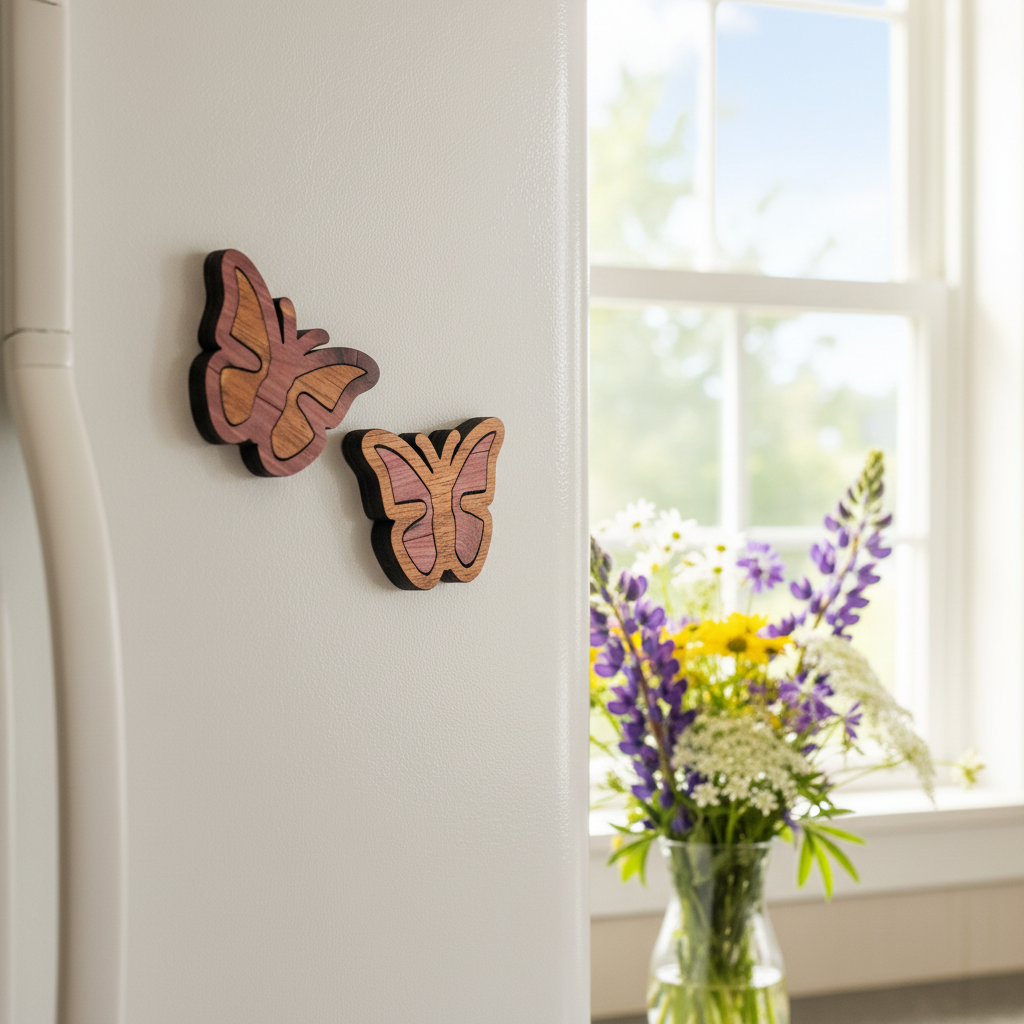 Butterfly-shaped wooden magnets on a white refrigerator with a window and flowers in the background.