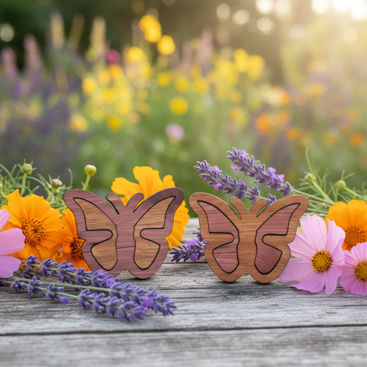 Wooden butterfly-shaped magnets on a wooden surface with flowers in the background