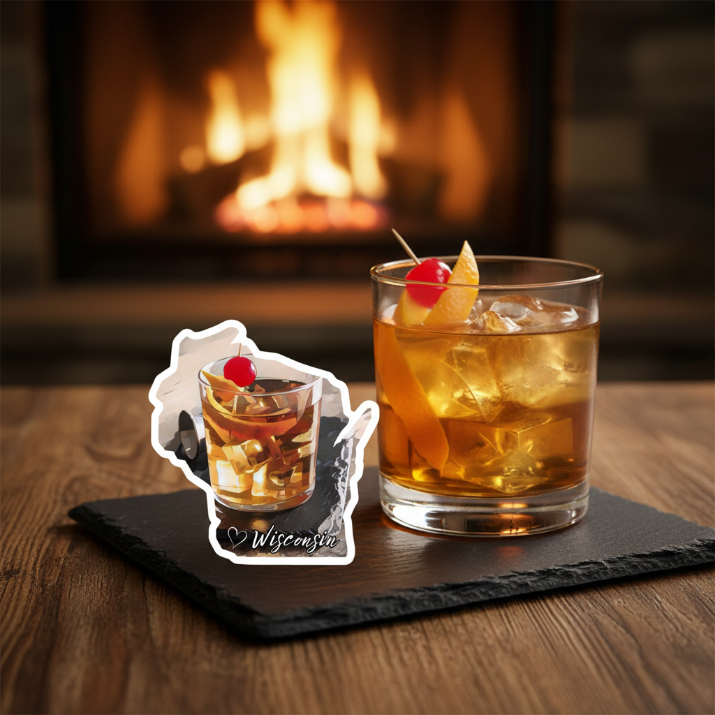 Glass of iced drink with a garnish on a slate coaster, with a fireplace in the background