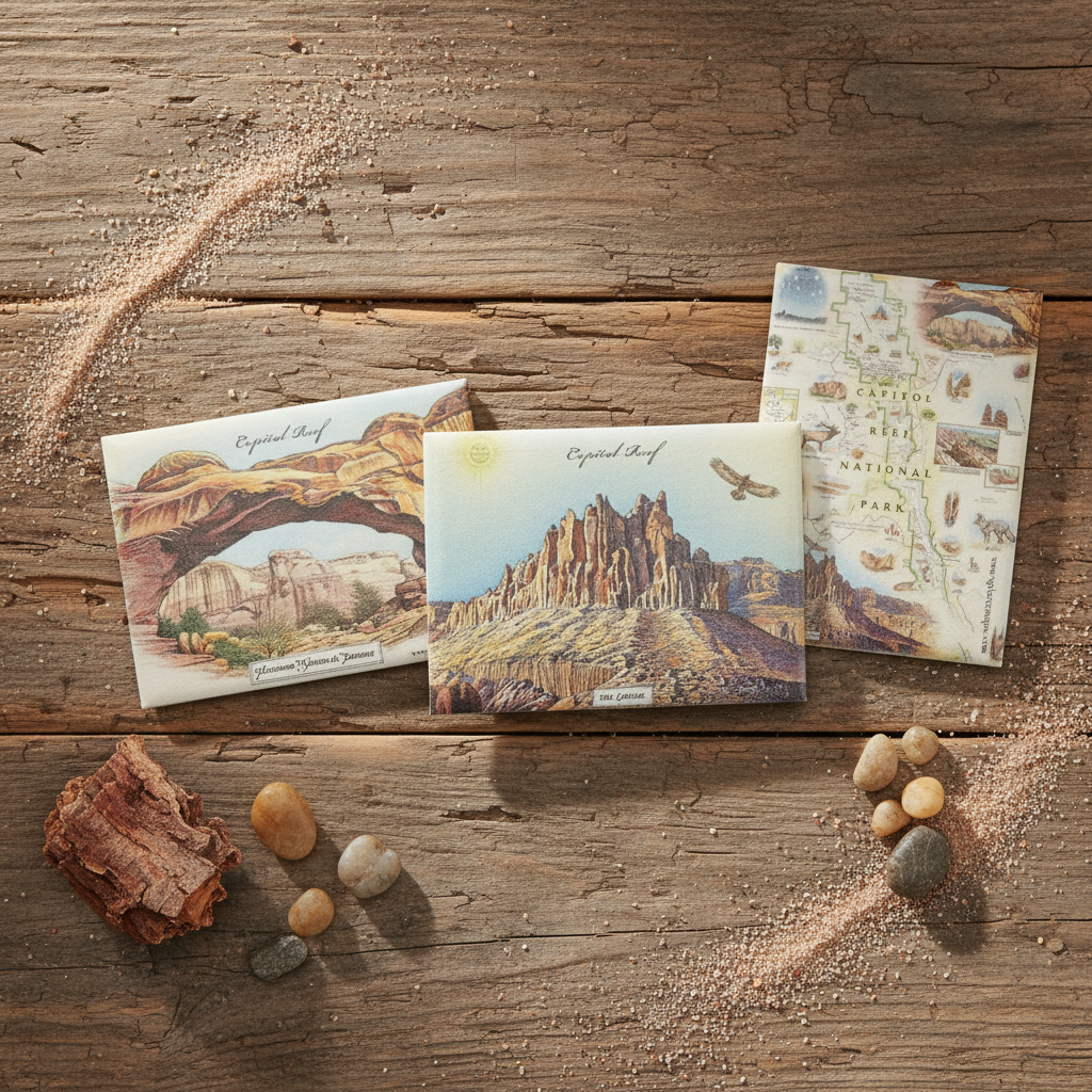 Three printed magnets featuring desert landscape illustrations are arranged on a rustic wooden surface with small stones and sand scattered around them. The central card shows a canyon scene, with the left card showing an arch formation and the right card showing a labeled map-style print.