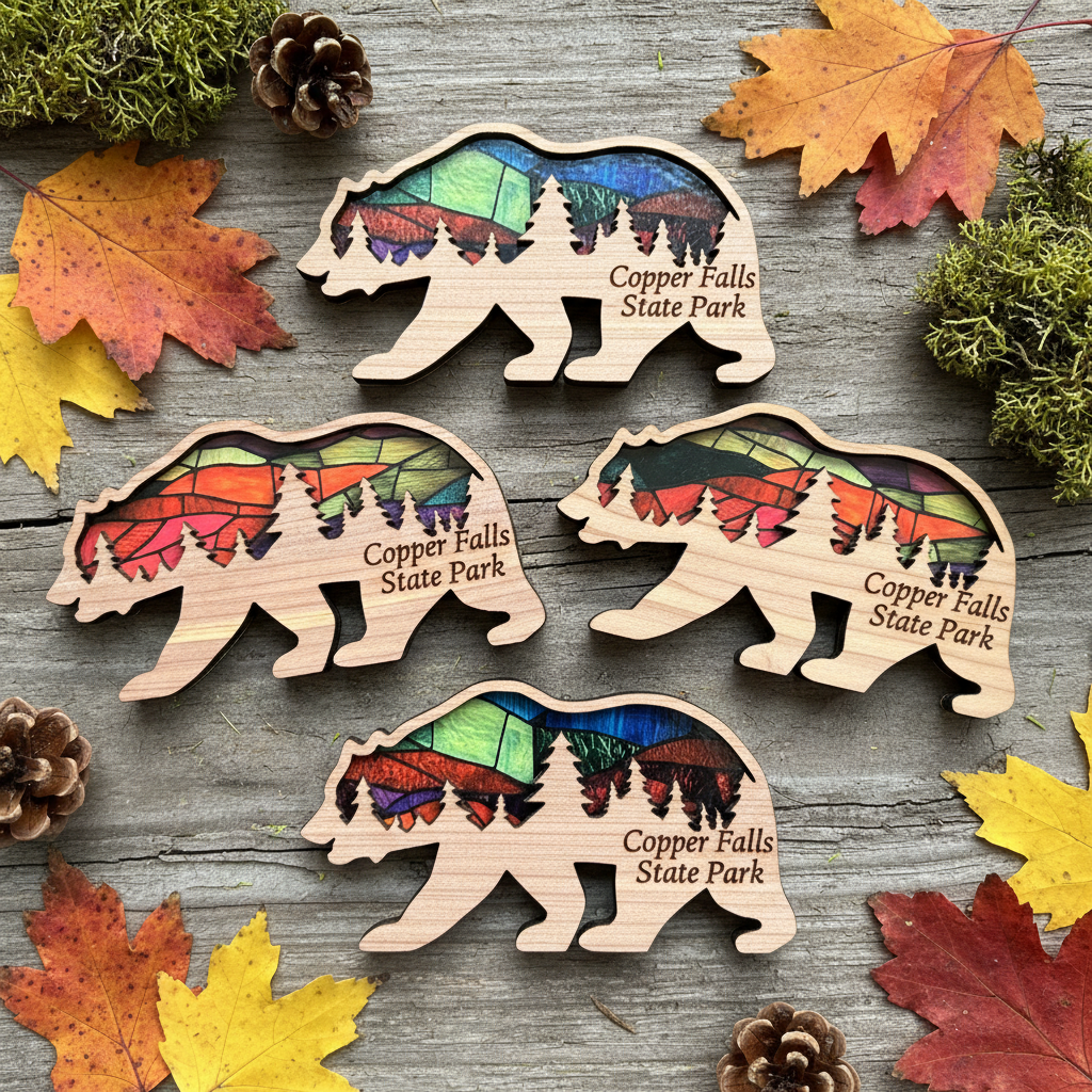 Wooden bear-shaped magnets with colorful designs and 'Copper Falls State Park' text on a wooden surface with fall leaves.