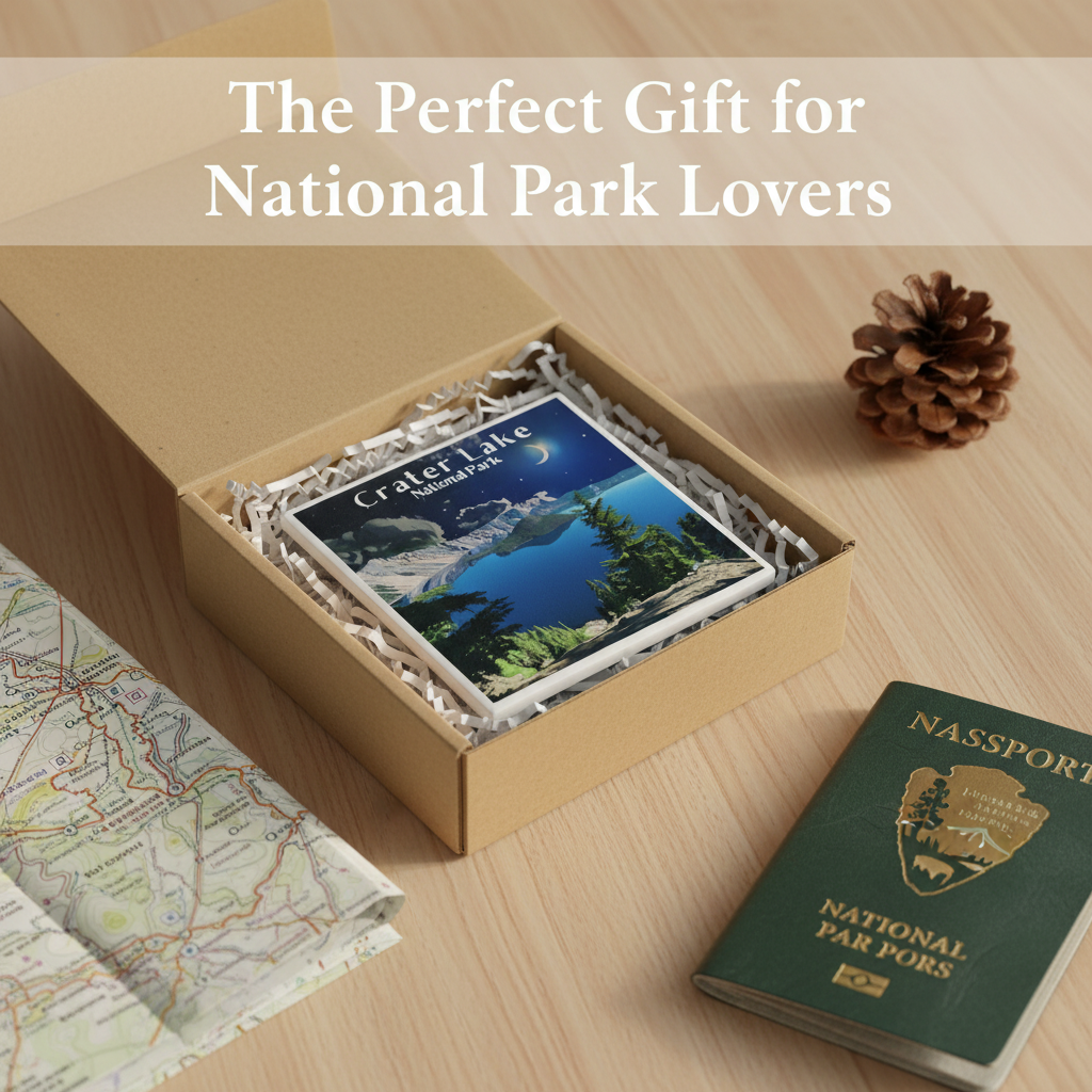 Crater Lakes ceramic coaster in a gift box being shown as a way to be a good gift for Park lovers