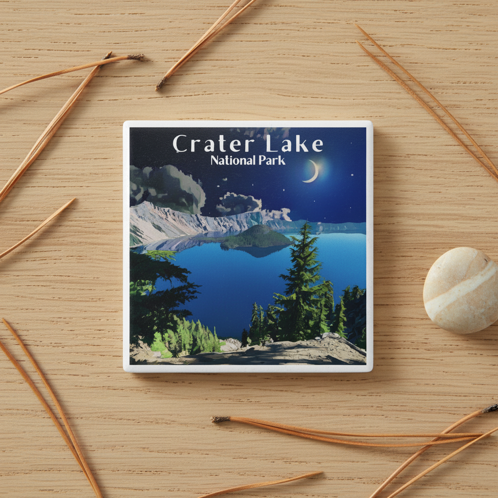 Crater Lake ceramic coaster against Oak wood with decorative elements