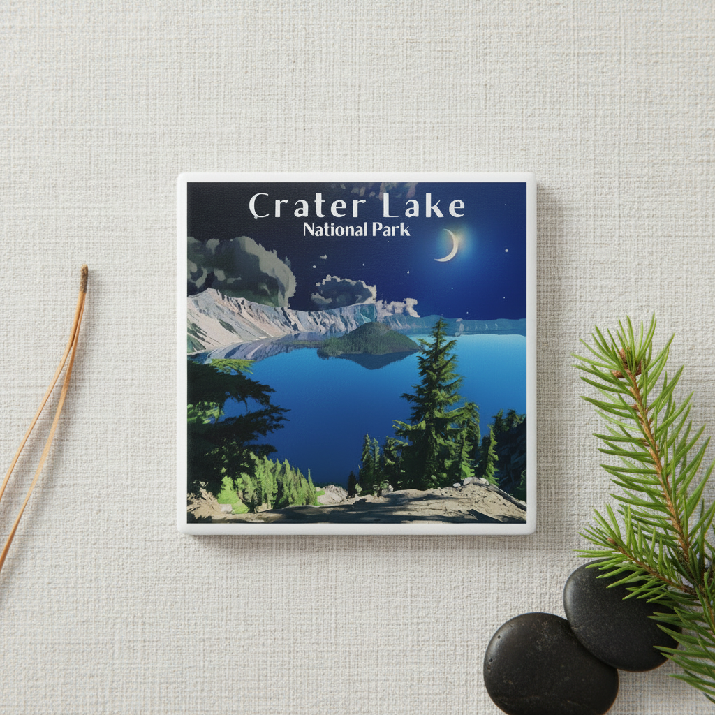 Crater Lake ceramic coaster against white linen and natural elements