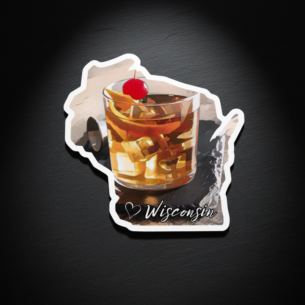 Sticker of an old fashionedglass with ice and a cherry on top, set against a black background with 'Love Wisconsin' text.