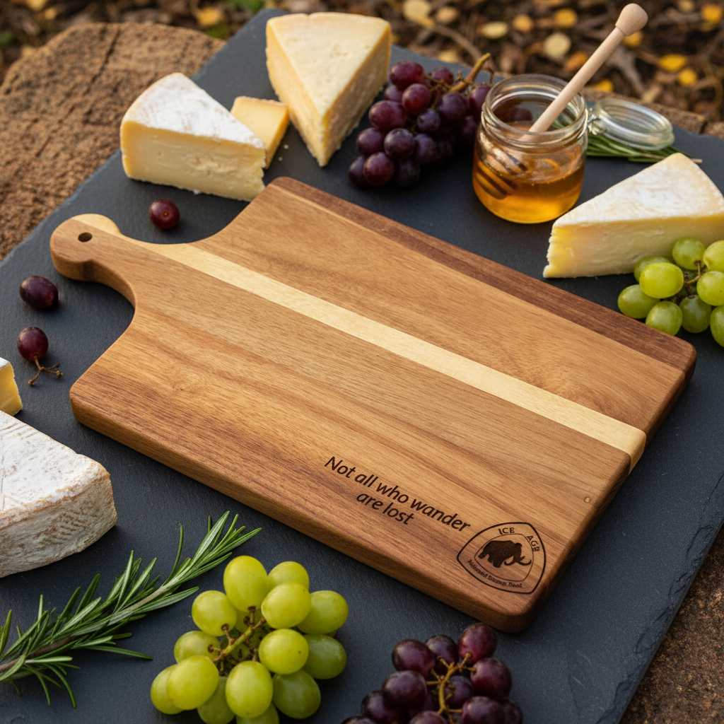 Wooden cutting board with engraved text on a slate platter with cheese and grapes.