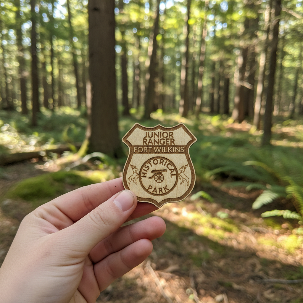Hand holding a Junior Ranger badge in a forest setting
