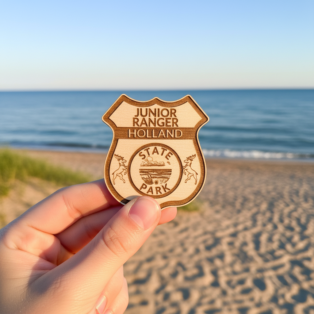 Hand holding a Junior Ranger badge over a beach with ocean in the background