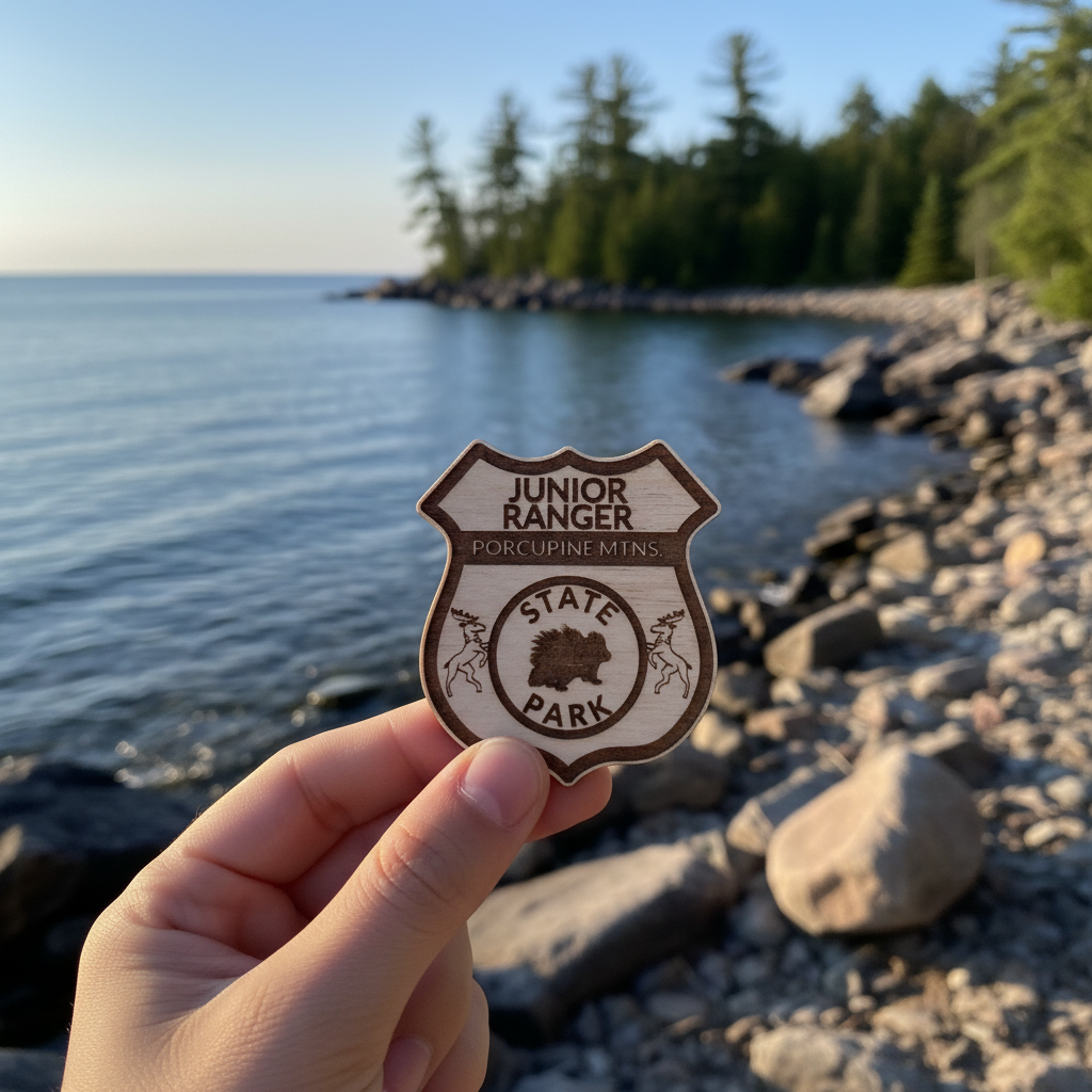 Hand holding a Junior Ranger badge over a scenic lake with rocks and trees.