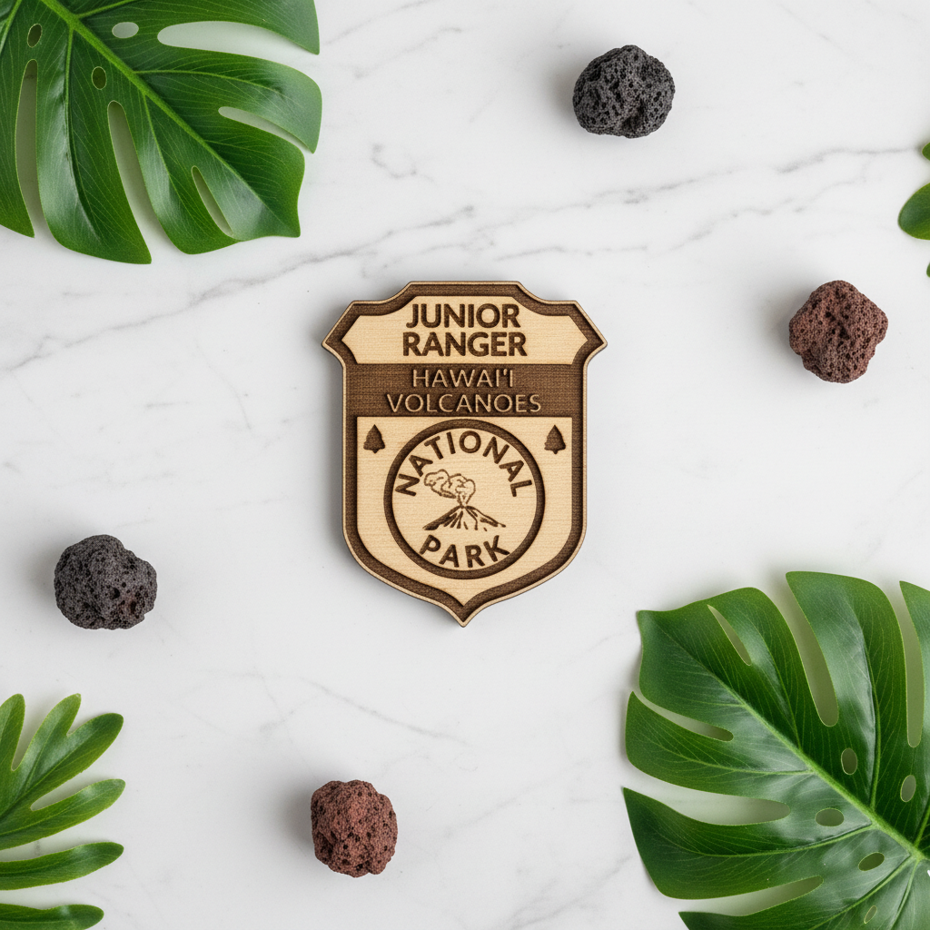A shield-shaped wooden badge reading 'JUNIOR RANGER HAWAII VOLCANOES NATIONAL PARK' is arranged on a white marble surface with green monstera leaves and small lava rocks around it.
