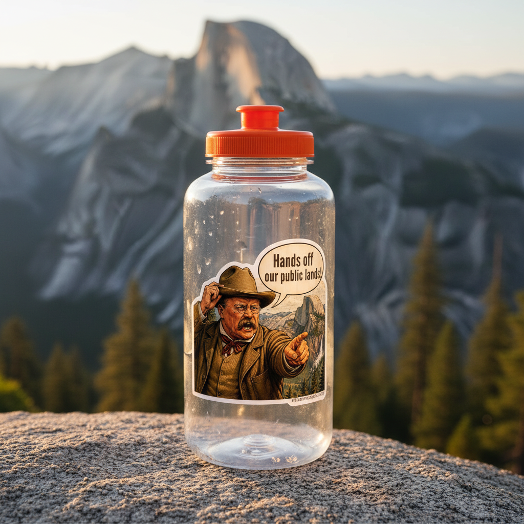 A clear plastic water bottle with an orange cap stands on a rocky mountain surface with a blurred mountain landscape in the background. The bottle has a vintage-style printed label featuring Teddy Roosevelt and the text 'Hands off our public lands.