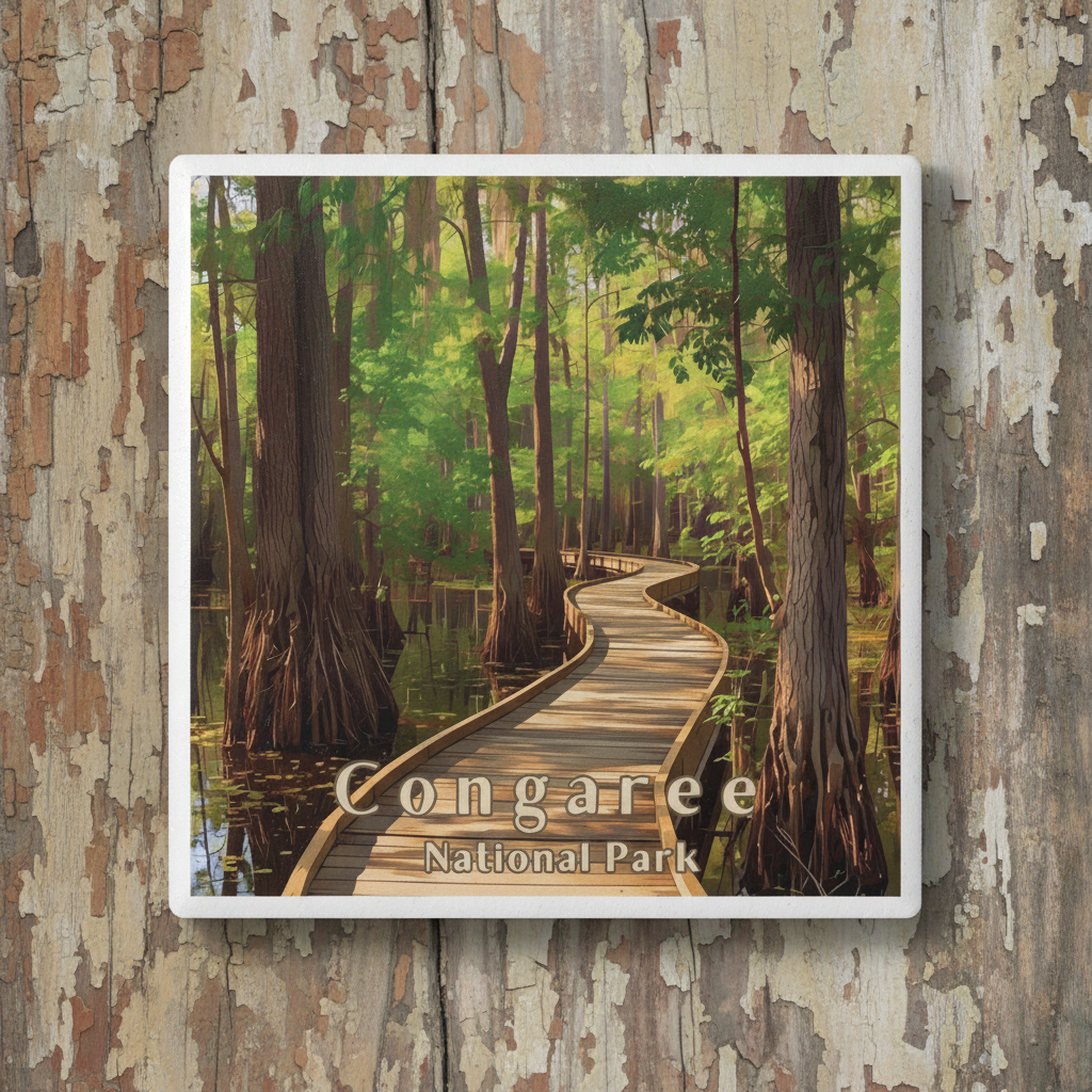 Wooden boardwalk through a cypress swamp with 'Congaree National Park' text on a textured wooden background.