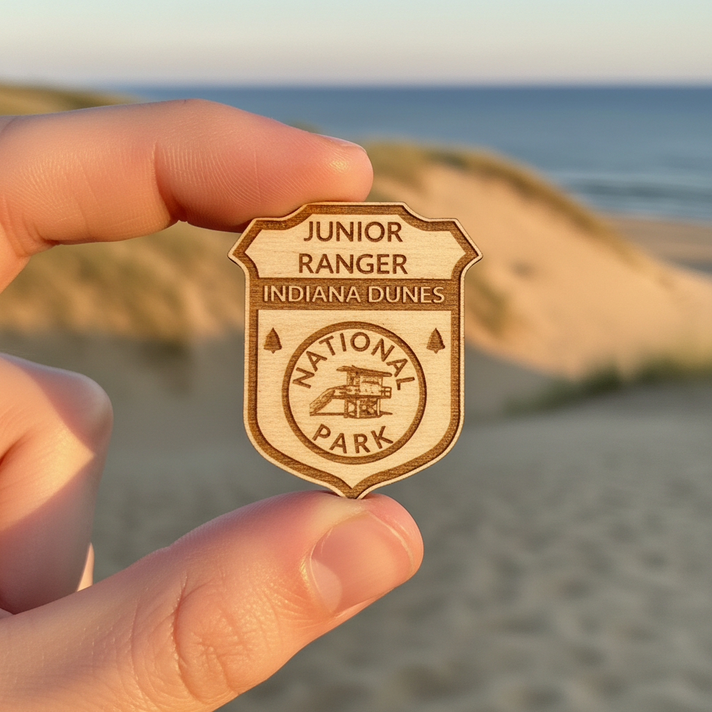 Hand holding a Junior Ranger badge for Indiana Dunes National Park against a beach background