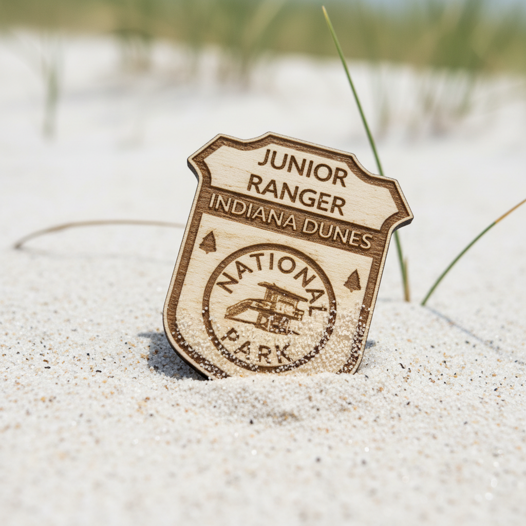 Junior Ranger badge from Indiana Dunes National Park on a sandy background