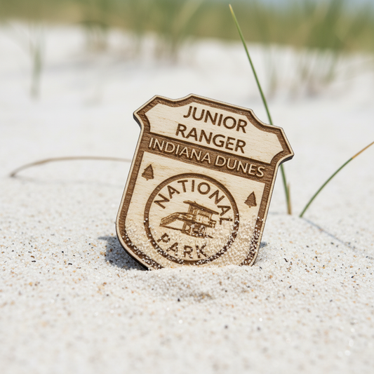Junior Ranger badge from Indiana Dunes National Park on a sandy background