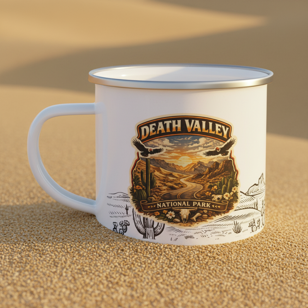 Death Valley designed Enamal mug close-up on Desert Sand