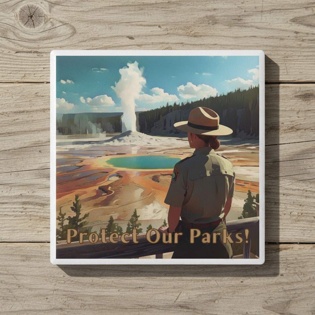Coaster of a park ranger looking at geysers with 'Protect Our Parks!' text on a wooden surface.