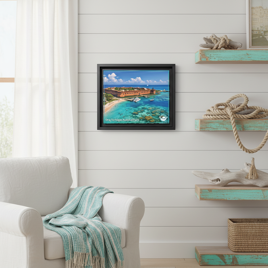 Dry Tortugas National Park canvas print in a black frame on Coastal Cabin White Shiplap wall with decorative beach elements.