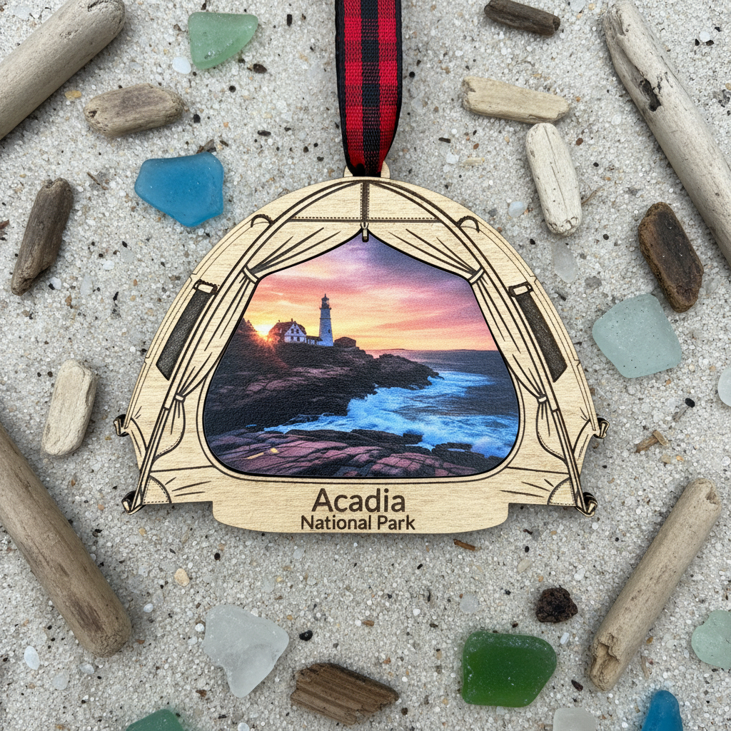 A laser-cut wooden Acadia National Park ornament shaped like a tent, featuring an inset photo of a lighthouse at sunset over rocky shores. The ornament is hung from a red and black plaid ribbon and is photographed on sand with driftwood and sea glass around it.