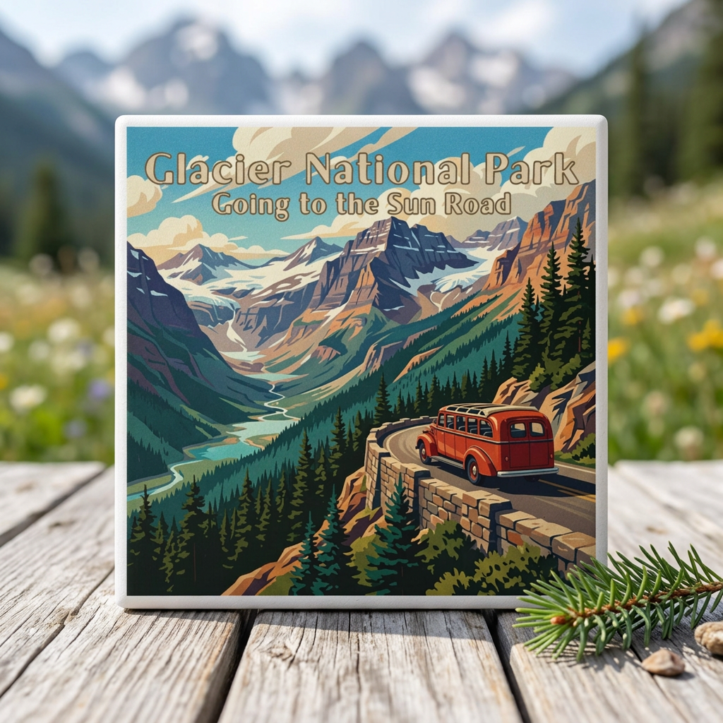 A square ceramic tile coaster featuring a retro-style illustration of Glacier National Park, displayed on a rustic wooden table with a blurred mountain and meadow background.
