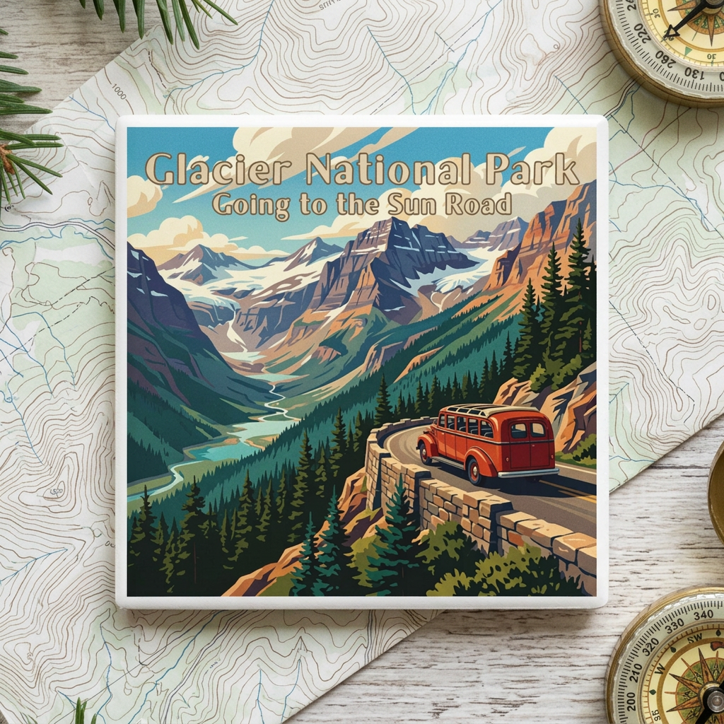 A square coaster featuring a retro travel poster design for Glacier National Park, reading 'Going to the Sun Road,' styled on a wooden surface with vintage compasses and a topographic map.