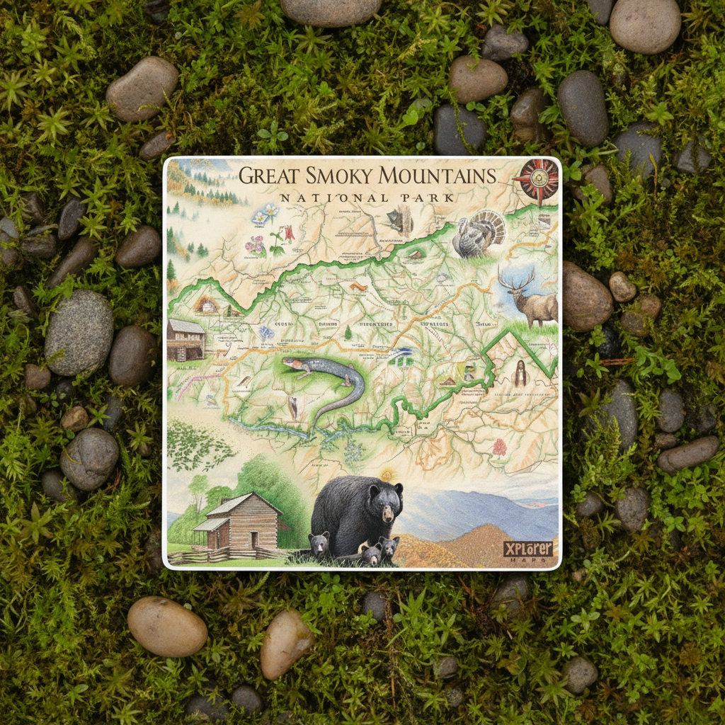 Ceramic coaster featuring a hand drawn design of Smoky Mountains national Park set against a mossy background