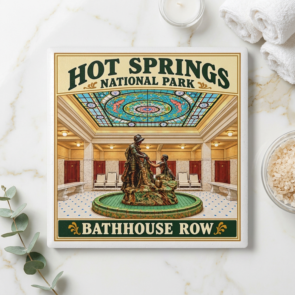 A square decorative coaster featuring a vintage-style Hot Springs National Park design with the text 'HOT SPRINGS NATIONAL PARK' and 'BATHHOUSE ROW,' showing an interior bathhouse scene with a fountain and stained-glass ceiling. It is styled on a white marble surface with a candle, folded towels, and a small bowl of bath salts nearby.