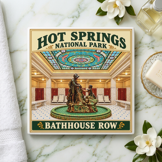 A square decorative coaster featuring a vintage-style Hot Springs National Park design, placed on a white marble surface with flowers, a towel, and a soap dish around it.