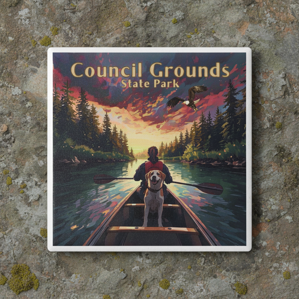 Coaster on stone surface depicting a person in a canoe with a dog paddling on a river at sunset