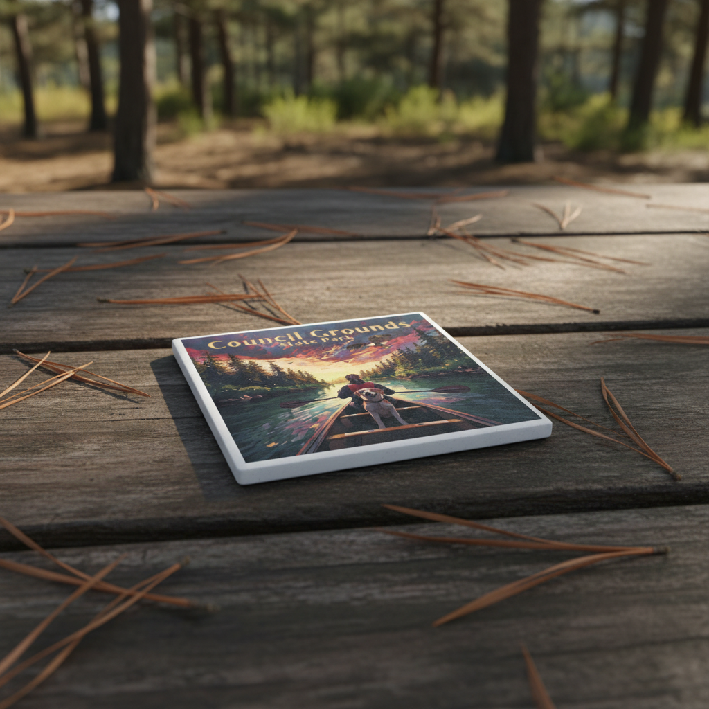 Coaster on weathered picnic table Depicting a scene of a person in a canoe with a dog paddling on a river at sunset