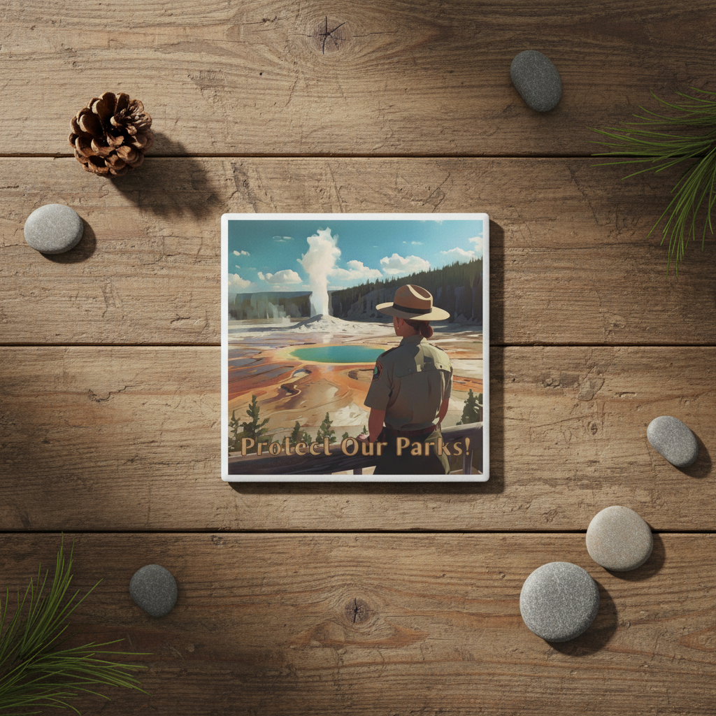Coaster of a park scene with a person and text 'Protect Our Parks!' on a wooden surface with nature elements.