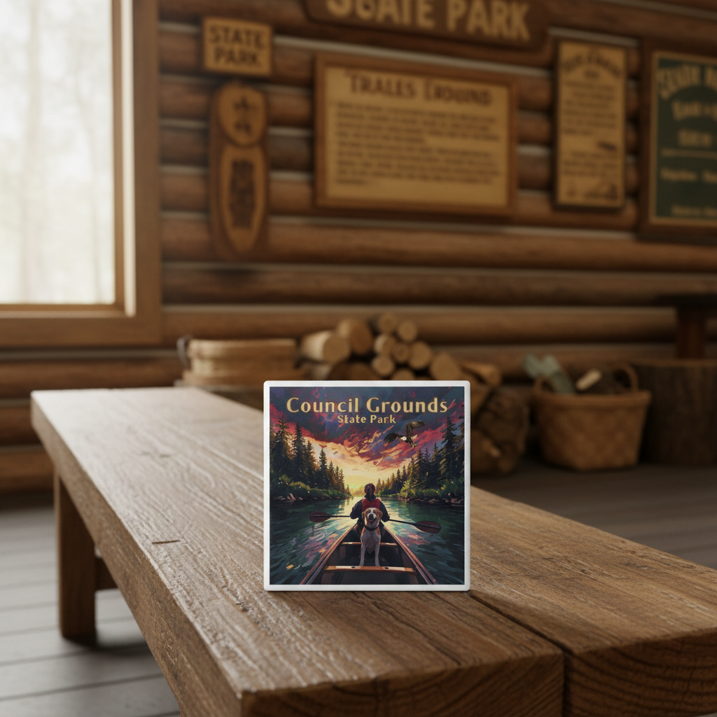 Coaster on wooden bench in a rustic Ranger station depicting an image of a person in a canoe with a dog paddling on a river at sunset