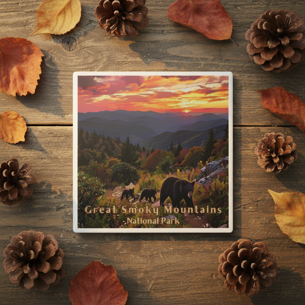 Coaster of Great Smoky Mountains National Park with bears on a wooden surface with autumn leaves and pinecones.