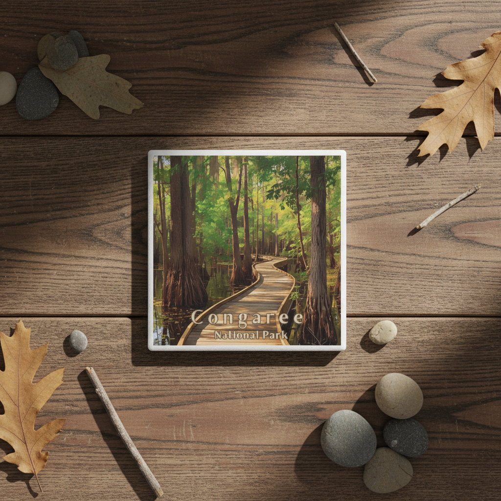Ceramic coaster featuring a cypress swamp forest scene on a wooden surface with leaves and stones.
