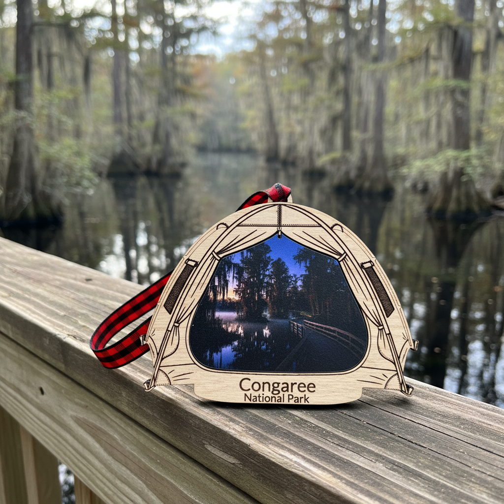 A laser-cut wooden Congaree National Park camping tent ornament with a red and black striped ribbon, resting on a wooden railing with a blurred background of a swampy lake and trees.