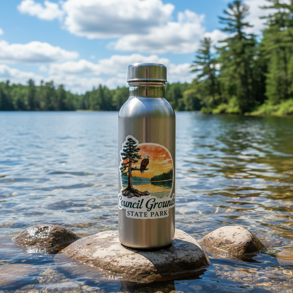 Council Grounds Eagle Decal on a water bottle sitting on a rock along the lakeshore