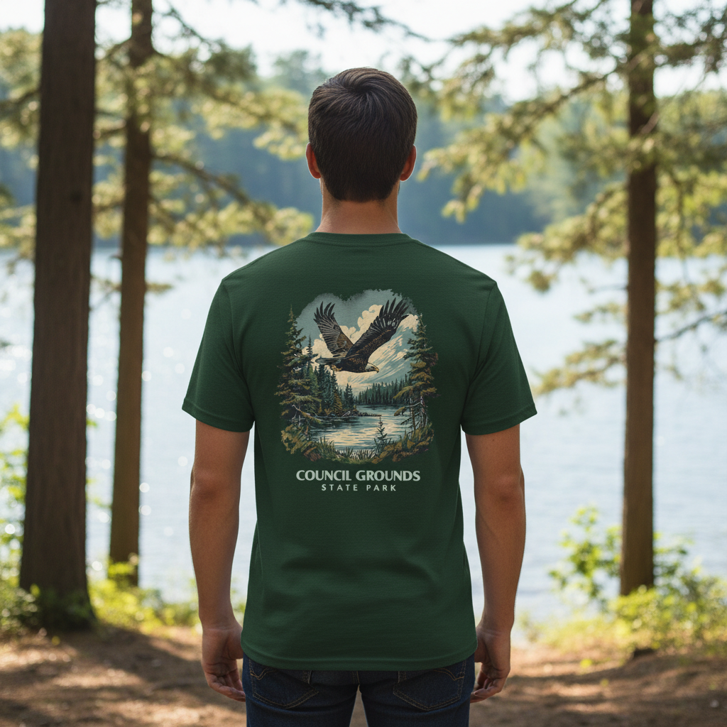 Male wearing a green T-shirt with an eagle and forest graphic with the text Council Grounds State Park, overlooking a lake.