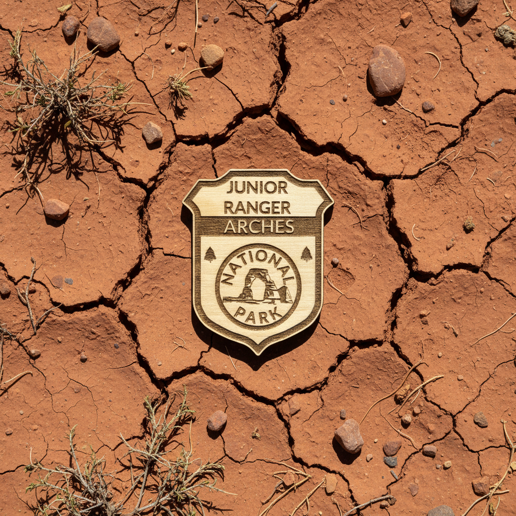 A shield-shaped wood badge engraved with 'JUNIOR RANGER ARCHES' and 'NATIONAL PARK' lies on cracked reddish-brown earth with small rocks and sparse dry grass.