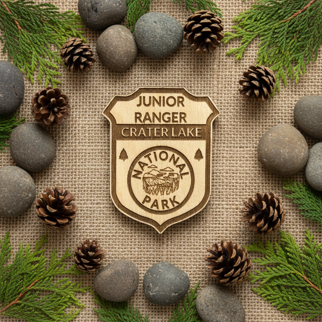 
Crater Lake national Park, junior Ranger badge laid against linen with natural rustic elements