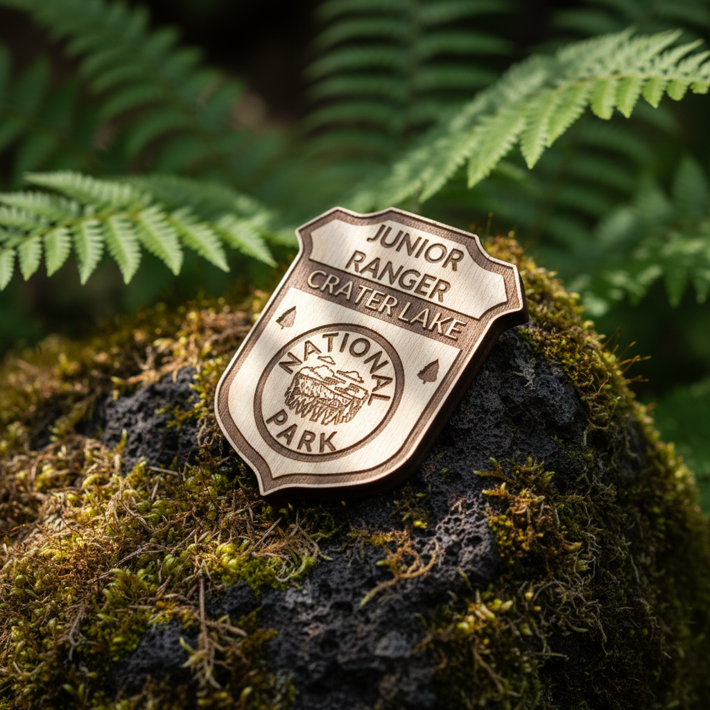 Crater Lake national Park junior Ranger badge on a mossy rock with a forest background