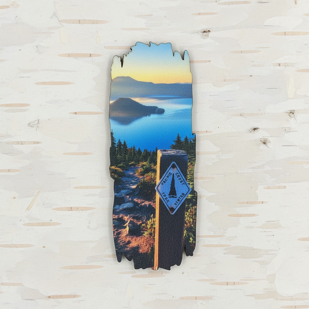 A wooden magnet featuring a scenic landscape print of Crater Lake with a trail marker post, displayed against a light birch wood background.