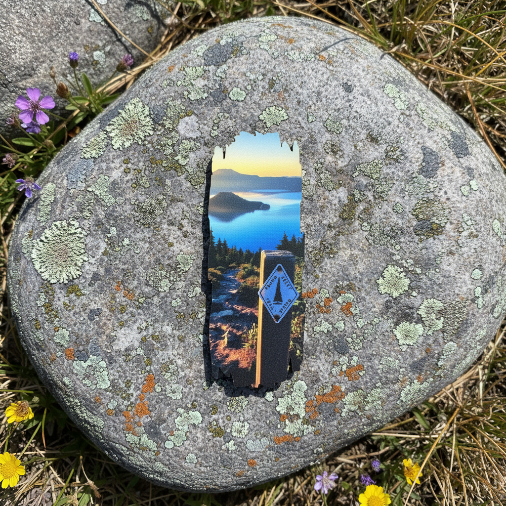 A rectangular printed magnet featuring a scenic landscape photo of a lake and forest with a blue diamond sign, placed on top of a large lichen-covered gray stone outdoors.