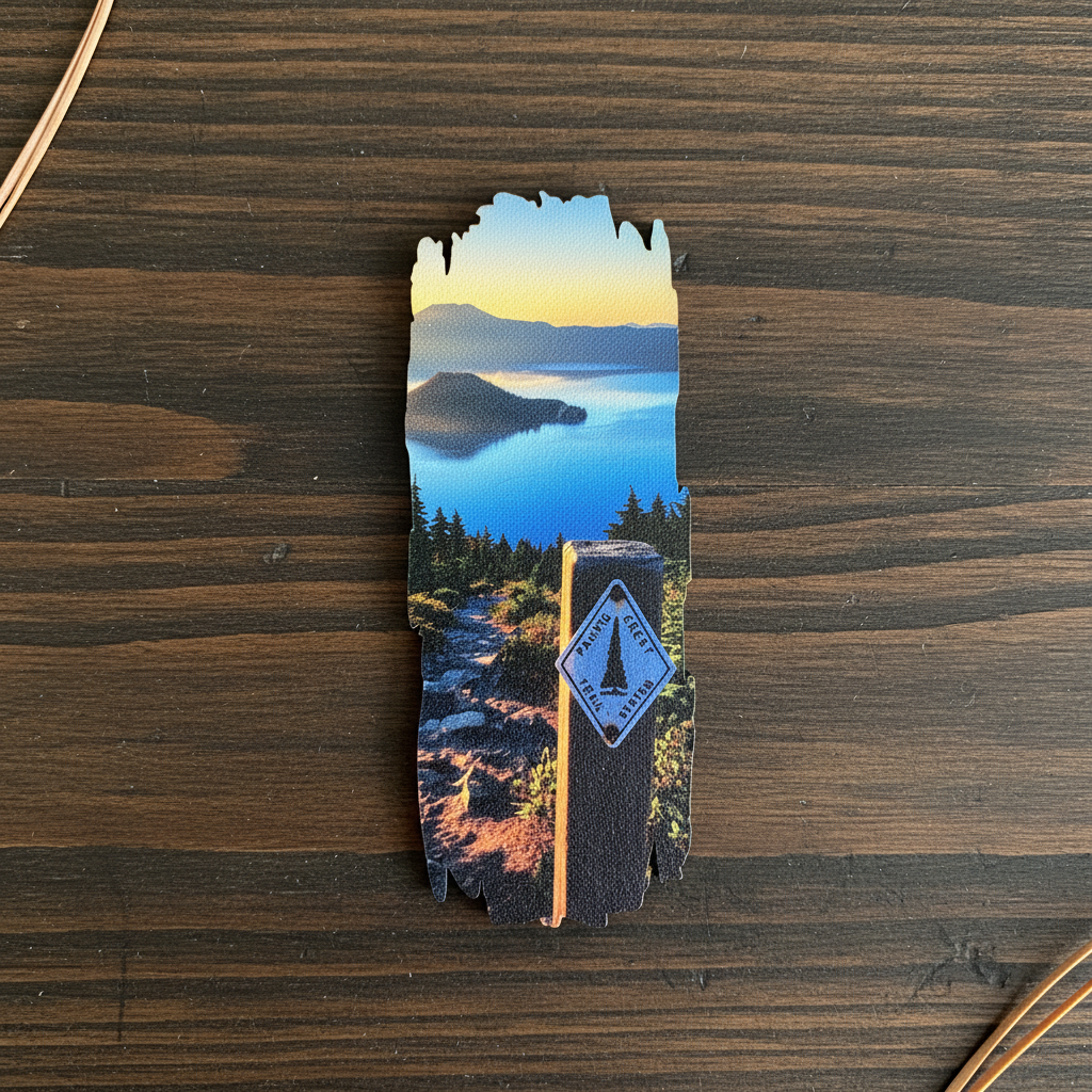 A small rectangular printed magnet with irregular cut edges, featuring a scenic landscape photo of a blue lake and forest with a trail sign, placed on a dark wood surface.